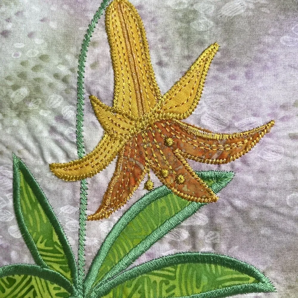 Vtg Quilted Batik Floral Throw Pillow 20” Appliqué Lily Cottagecore Botanical